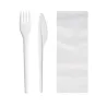 Set de Cubiertos Plástico Blanco con Tenedor, Cuchillo y Servilleta