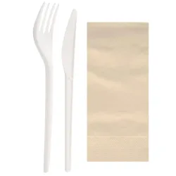 Set de Cubiertos Compostables CPLA, Tenedor, Cuchillo y Servilleta