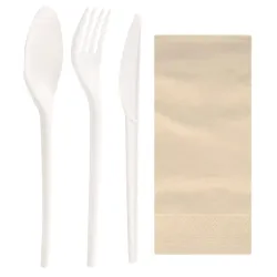 Set de Cubiertos Biodegradables CPLA, Tenedor, Cuchara, Cuchillo y Servilleta
